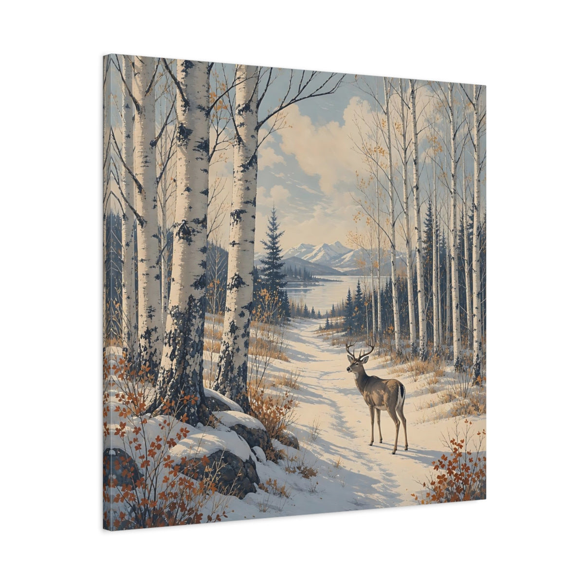Side Mockup 3. Nature Deer Winter Forest Deer shown as stretched canvas wall art