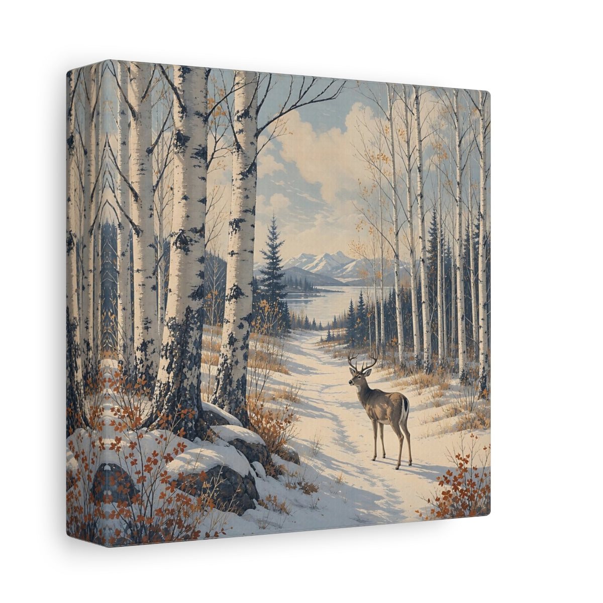 Side Mockup 2. Nature Deer Winter Forest Deer shown as stretched canvas wall art