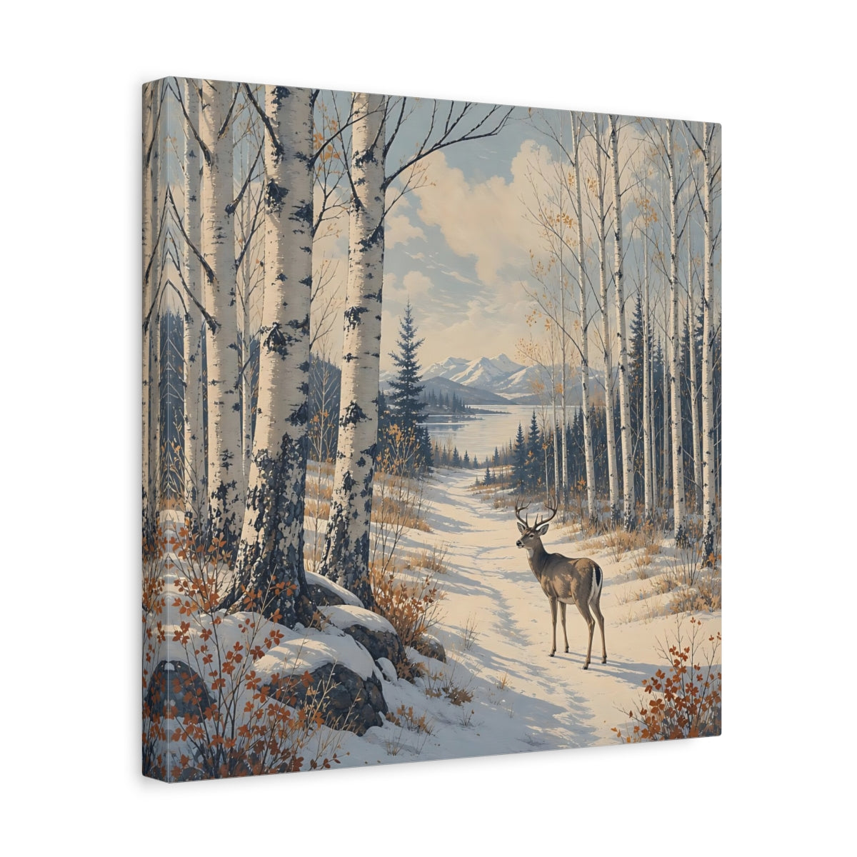 Side Mockup 7. Nature Deer Winter Forest Deer shown as stretched canvas wall art
