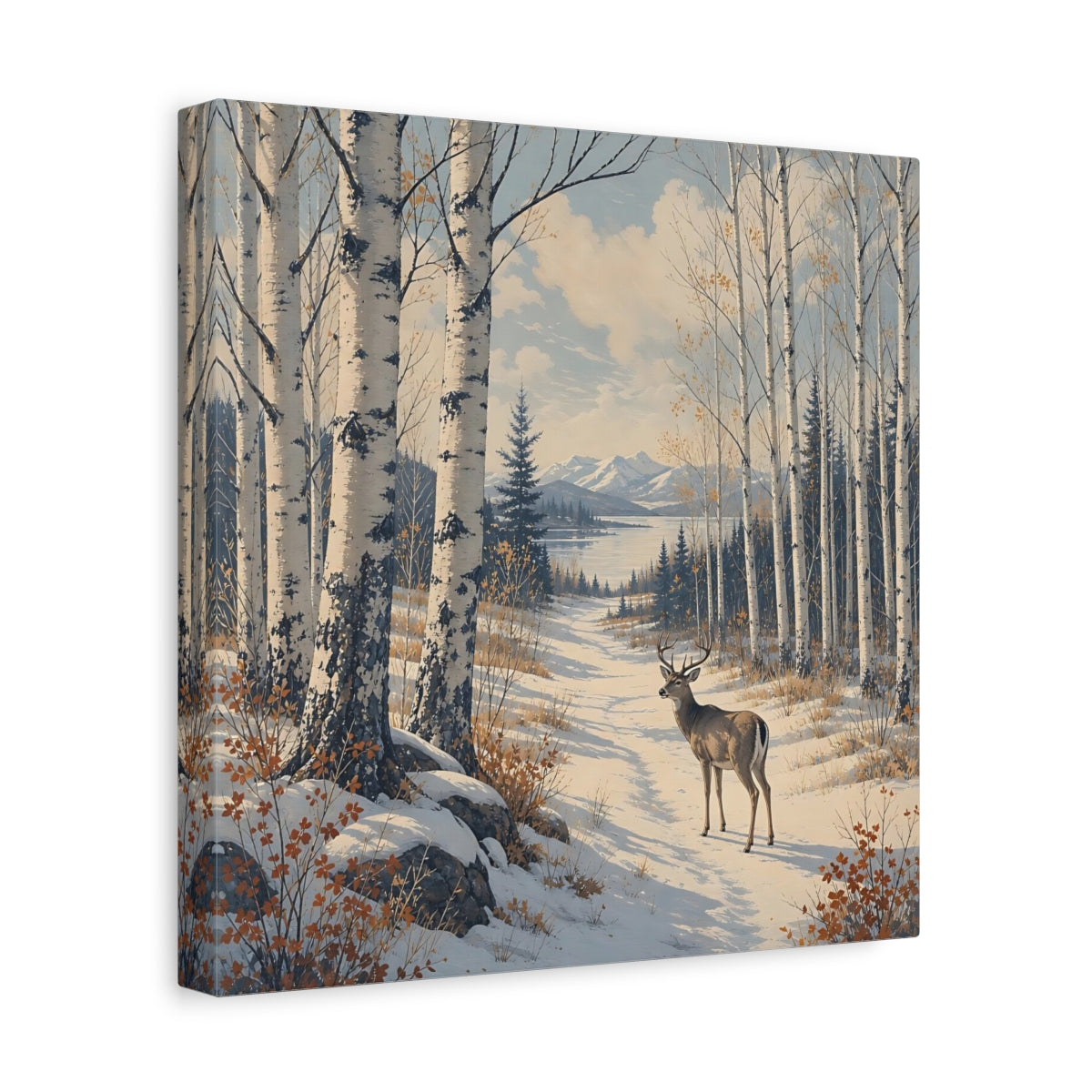 Side Mockup 8. Nature Deer Winter Forest Deer shown as stretched canvas wall art