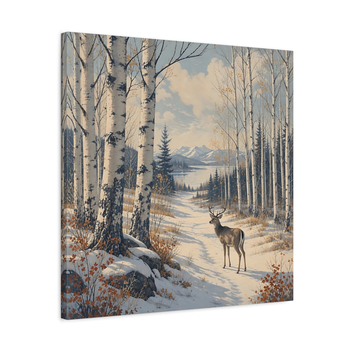 Side Mockup 4. Nature Deer Winter Forest Deer shown as stretched canvas wall art