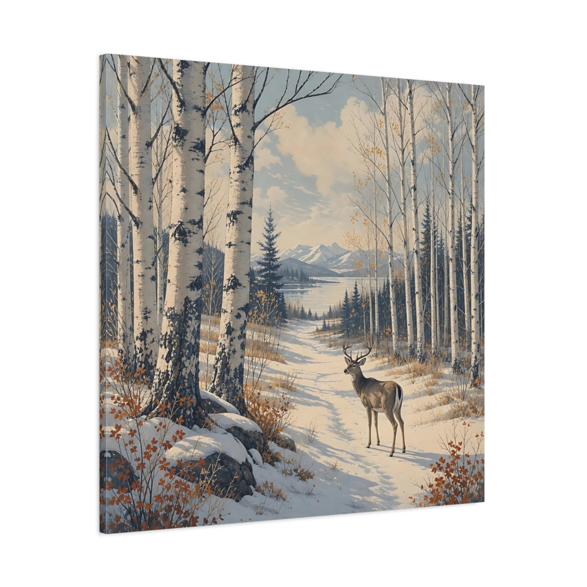 Side Mockup 1. Nature Deer Winter Forest Deer shown as stretched canvas wall art