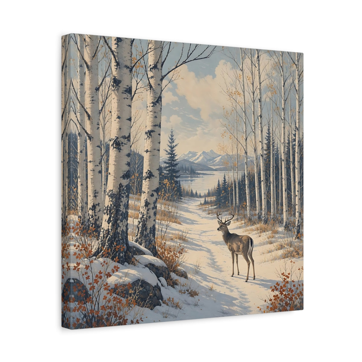 Side Mockup 6. Nature Deer Winter Forest Deer shown as stretched canvas wall art