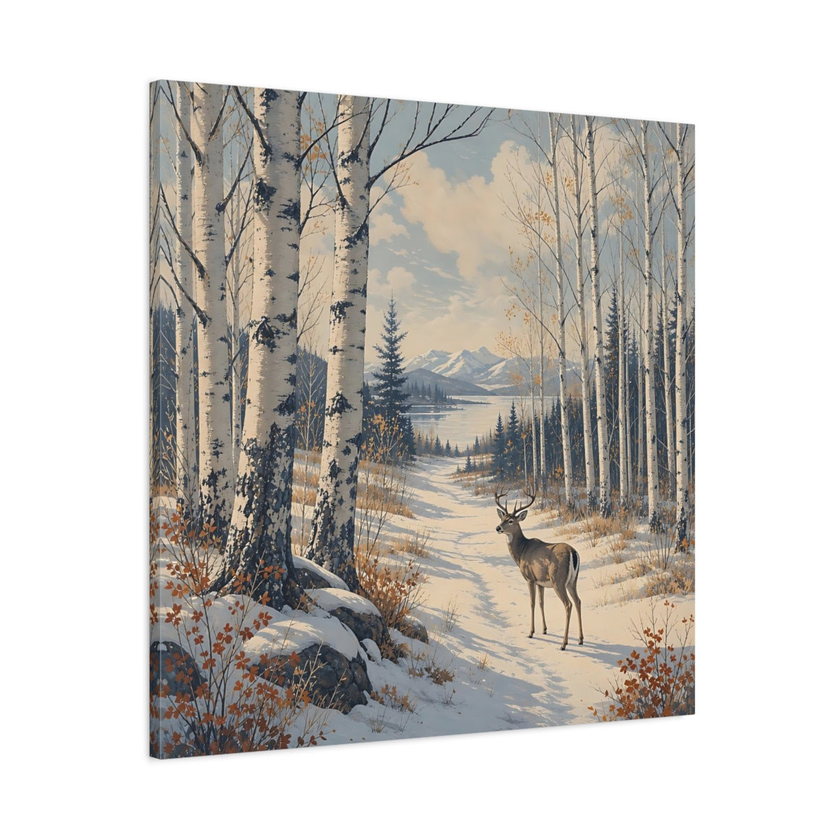 Main Mockup. Nature Deer Winter Forest Deer shown as stretched canvas wall art