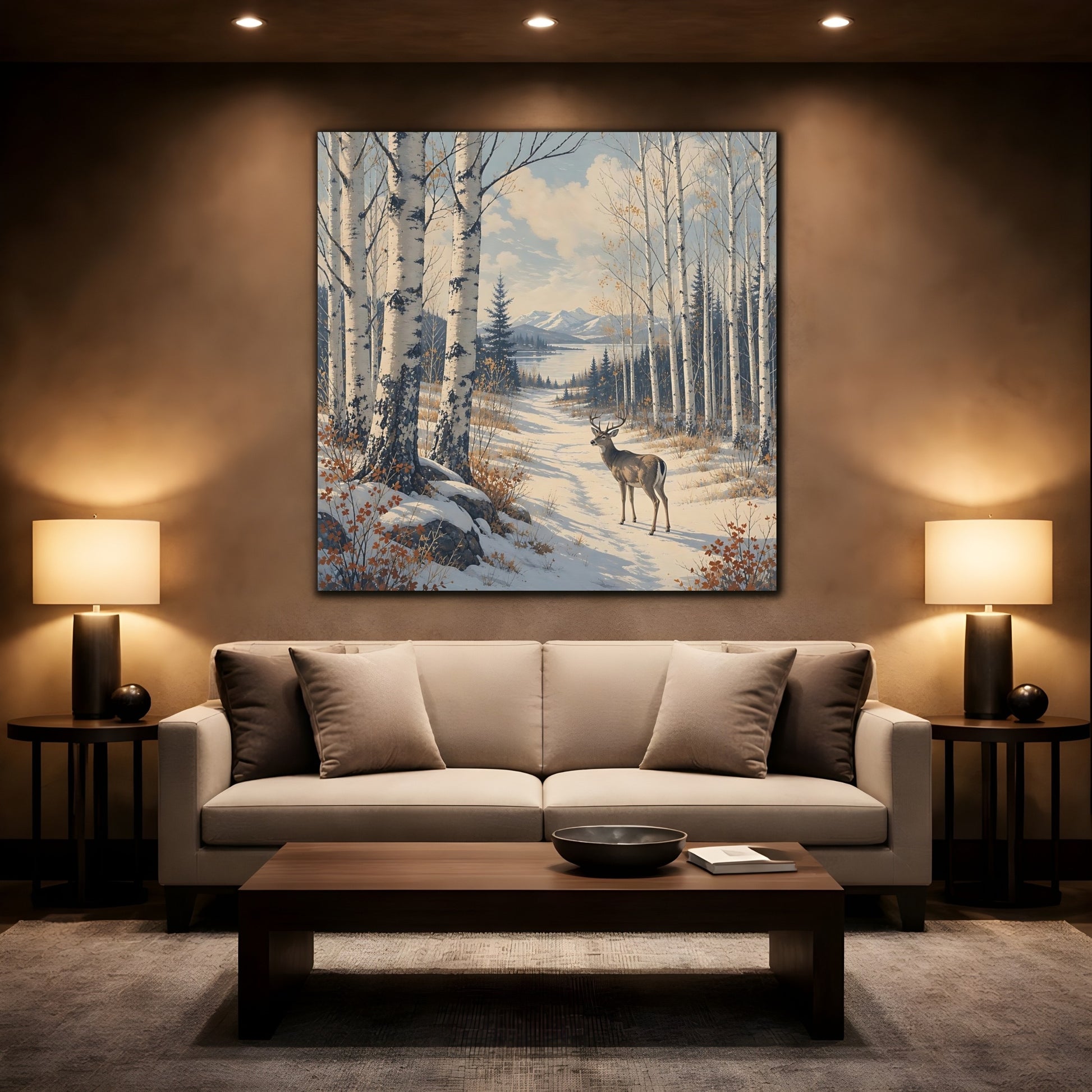 Mockup 2. Nature Deer Winter Forest Deer shown as stretched canvas wall art