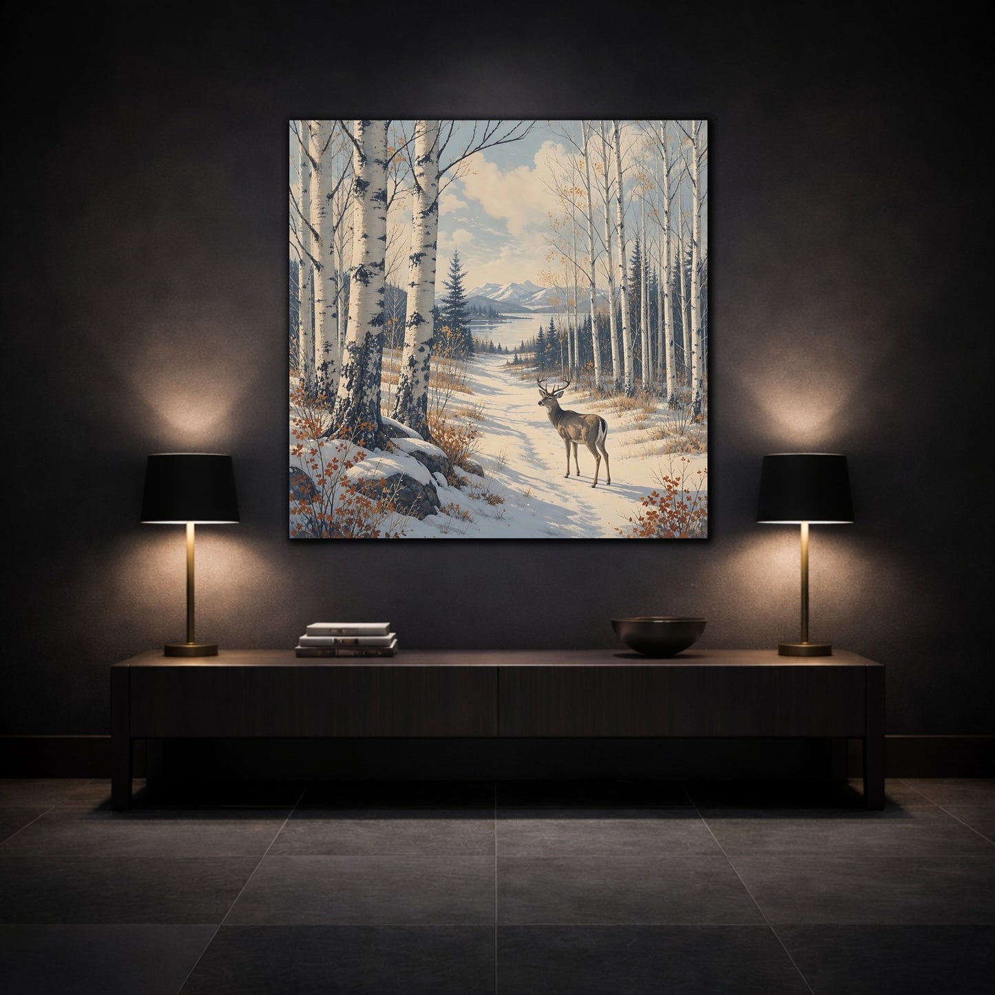 Mockup 3. Nature Deer Winter Forest Deer shown as stretched canvas wall art