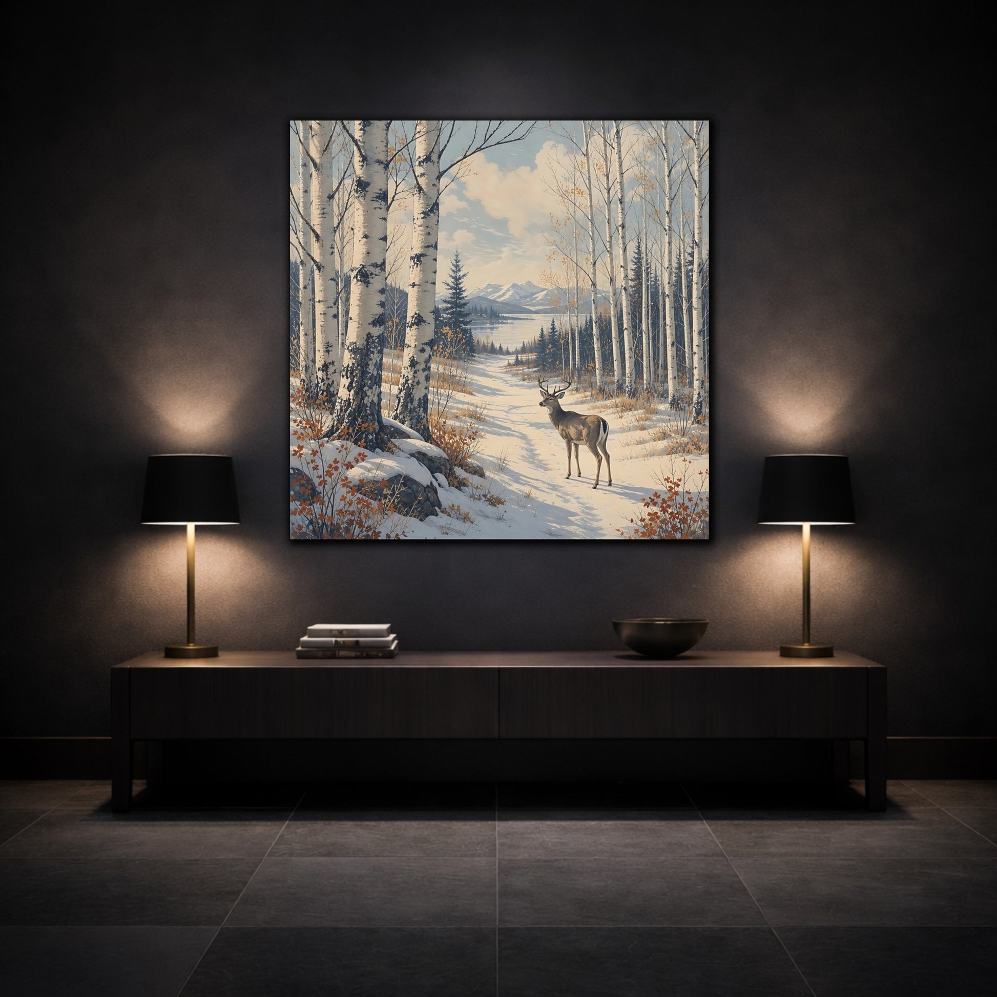 Mockup 3. Nature Deer Winter Forest Deer shown as stretched canvas wall art