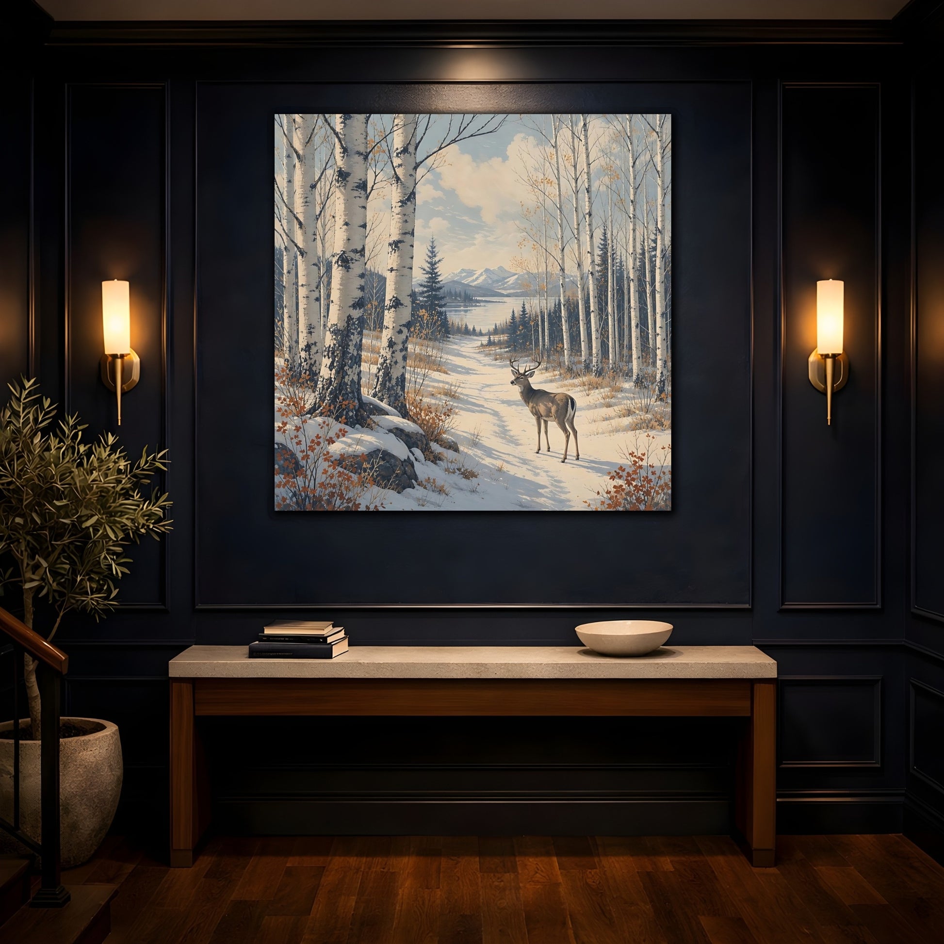 Mockup 4. Nature Deer Winter Forest Deer shown as stretched canvas wall art
