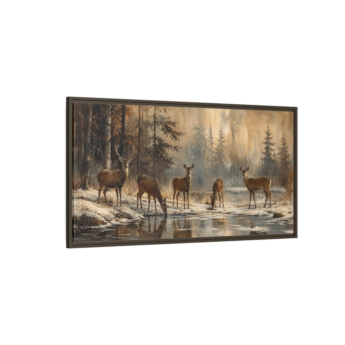 Side Mockup 4. Nature Deer Winter Deer Forest shown as stretched canvas wall art