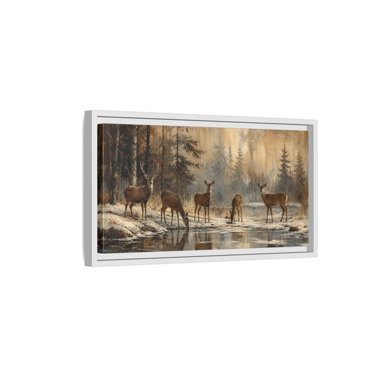 Side Mockup 6. Nature Deer Winter Deer Forest shown as stretched canvas wall art