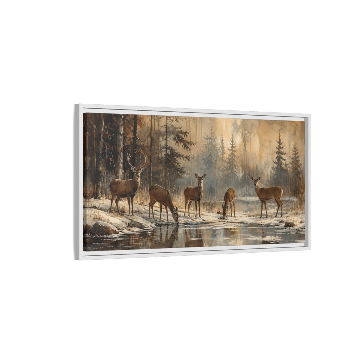 Side Mockup 1. Nature Deer Winter Deer Forest shown as stretched canvas wall art
