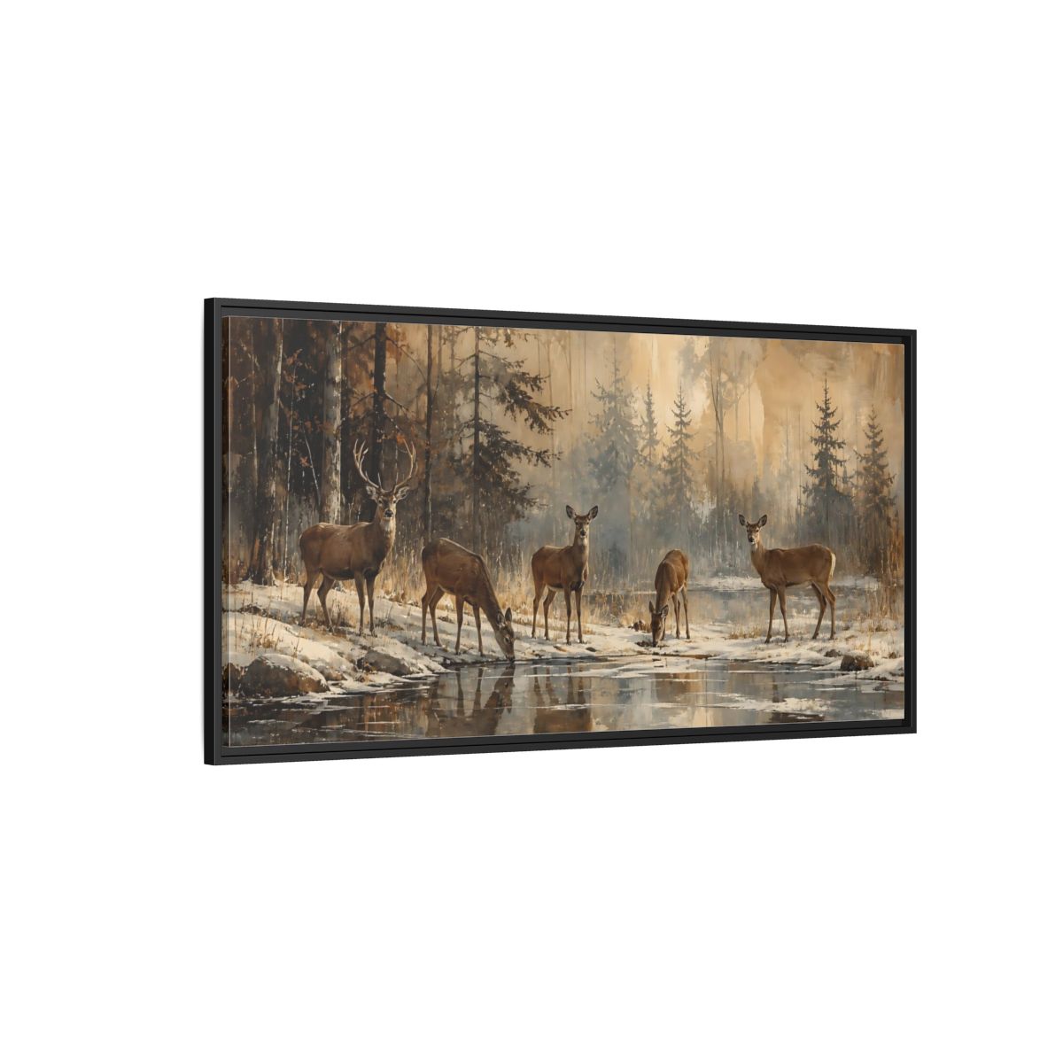 Side Mockup 5. Nature Deer Winter Deer Forest shown as stretched canvas wall art