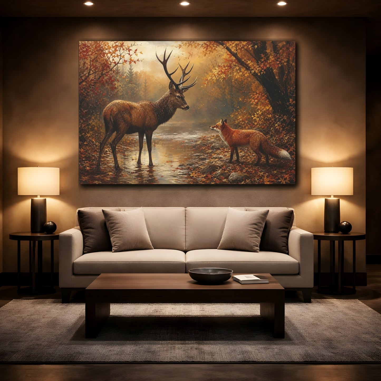 Mockup 2. Nature Deer, Fox Autumn Wildlife shown as stretched canvas wall art