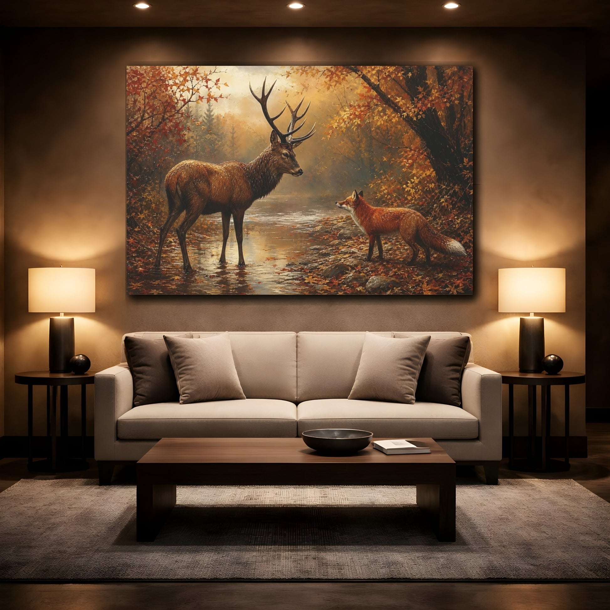 Mockup 2. Nature Deer, Fox Autumn Wildlife shown as stretched canvas wall art