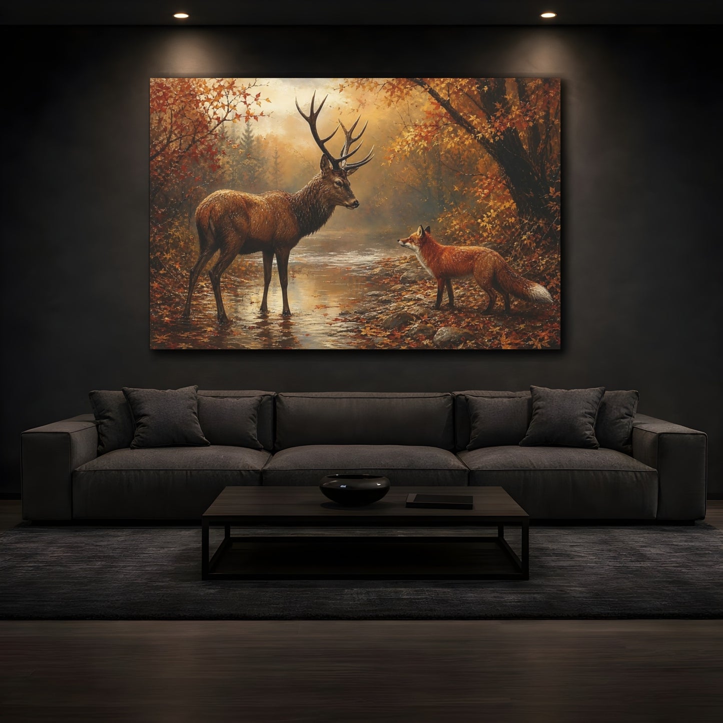 Mockup 3. Nature Deer, Fox Autumn Wildlife shown as stretched canvas wall art