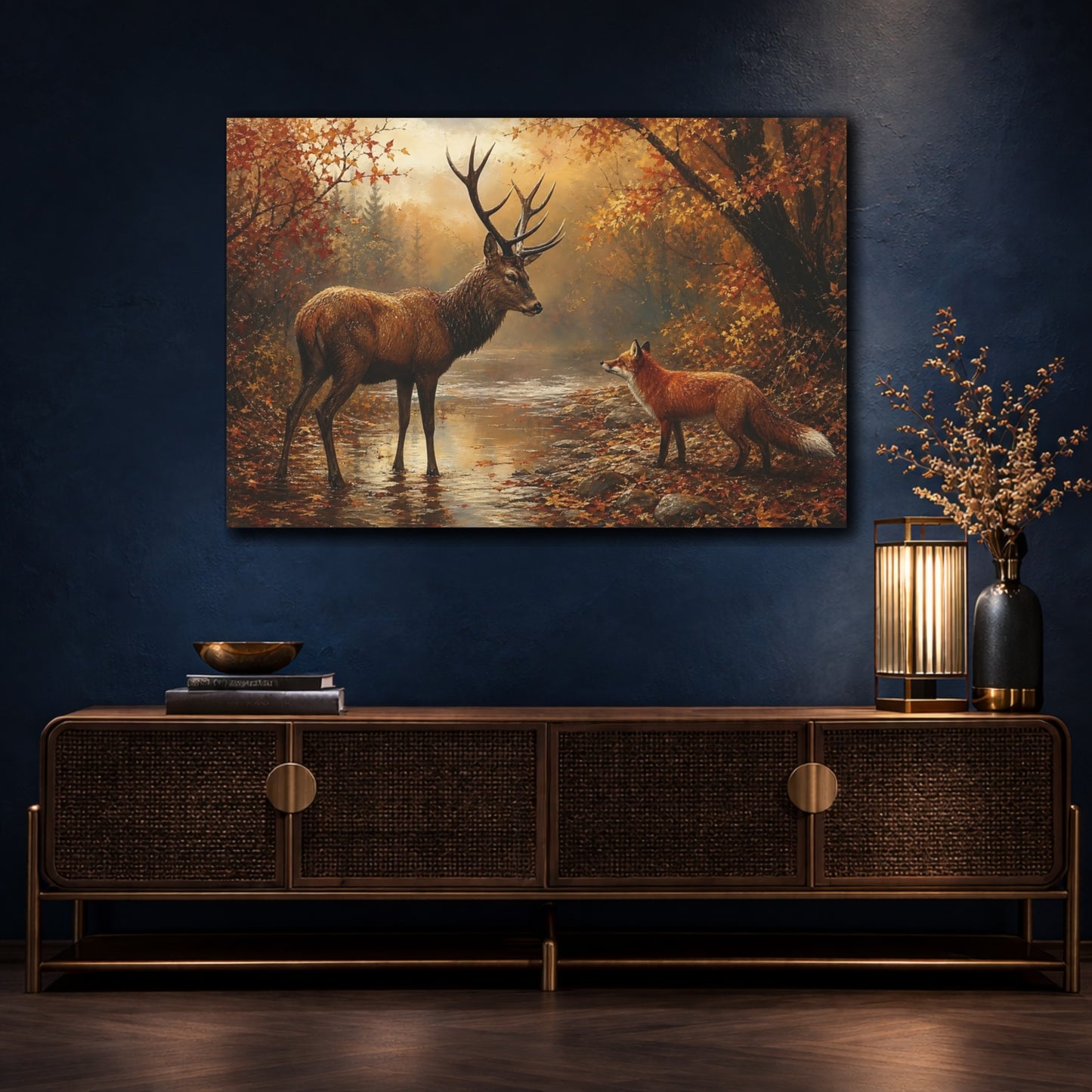 Mockup 4. Nature Deer, Fox Autumn Wildlife shown as stretched canvas wall art