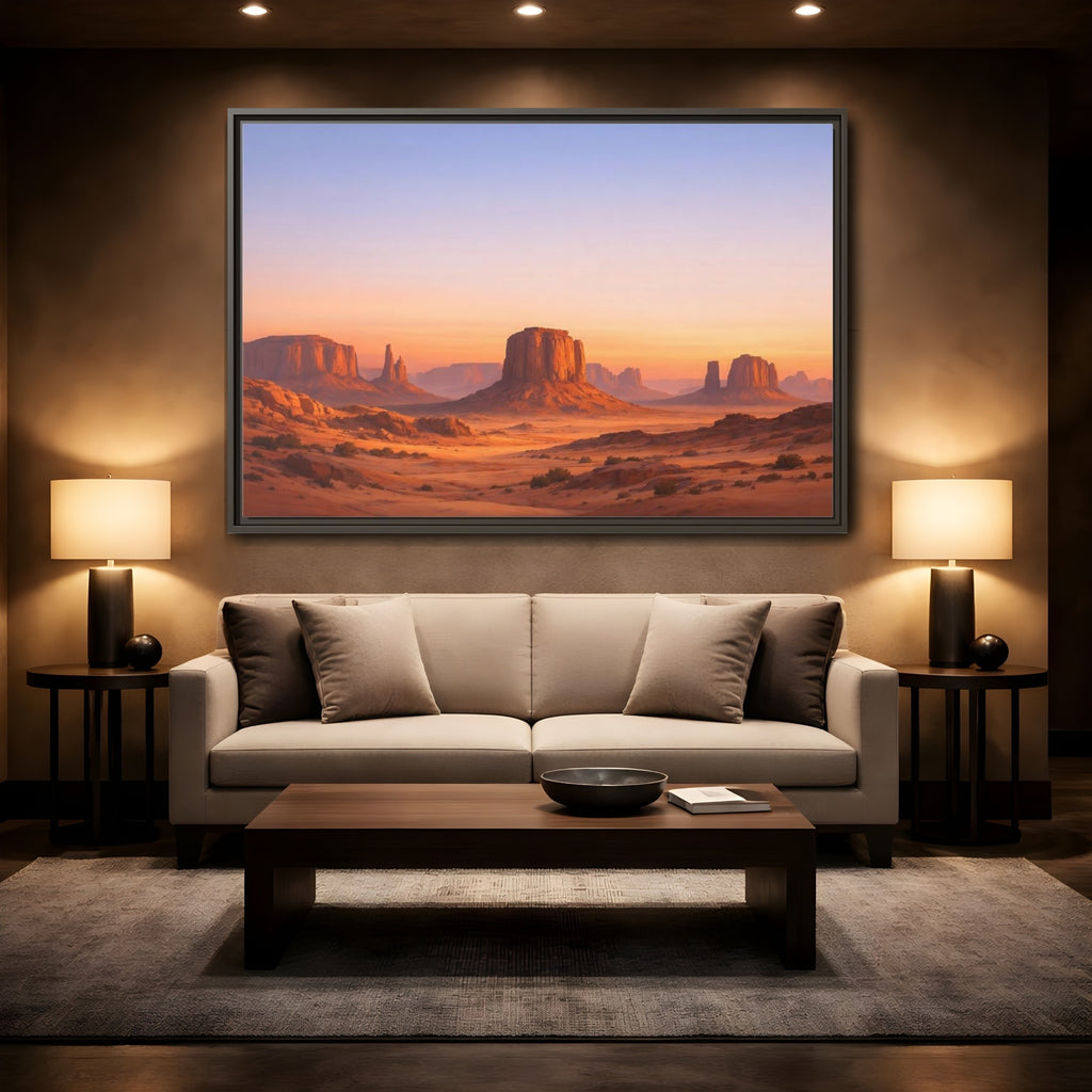 Mockup 2. Nature Desert Buttes Orange And Blue shown as stretched canvas wall art