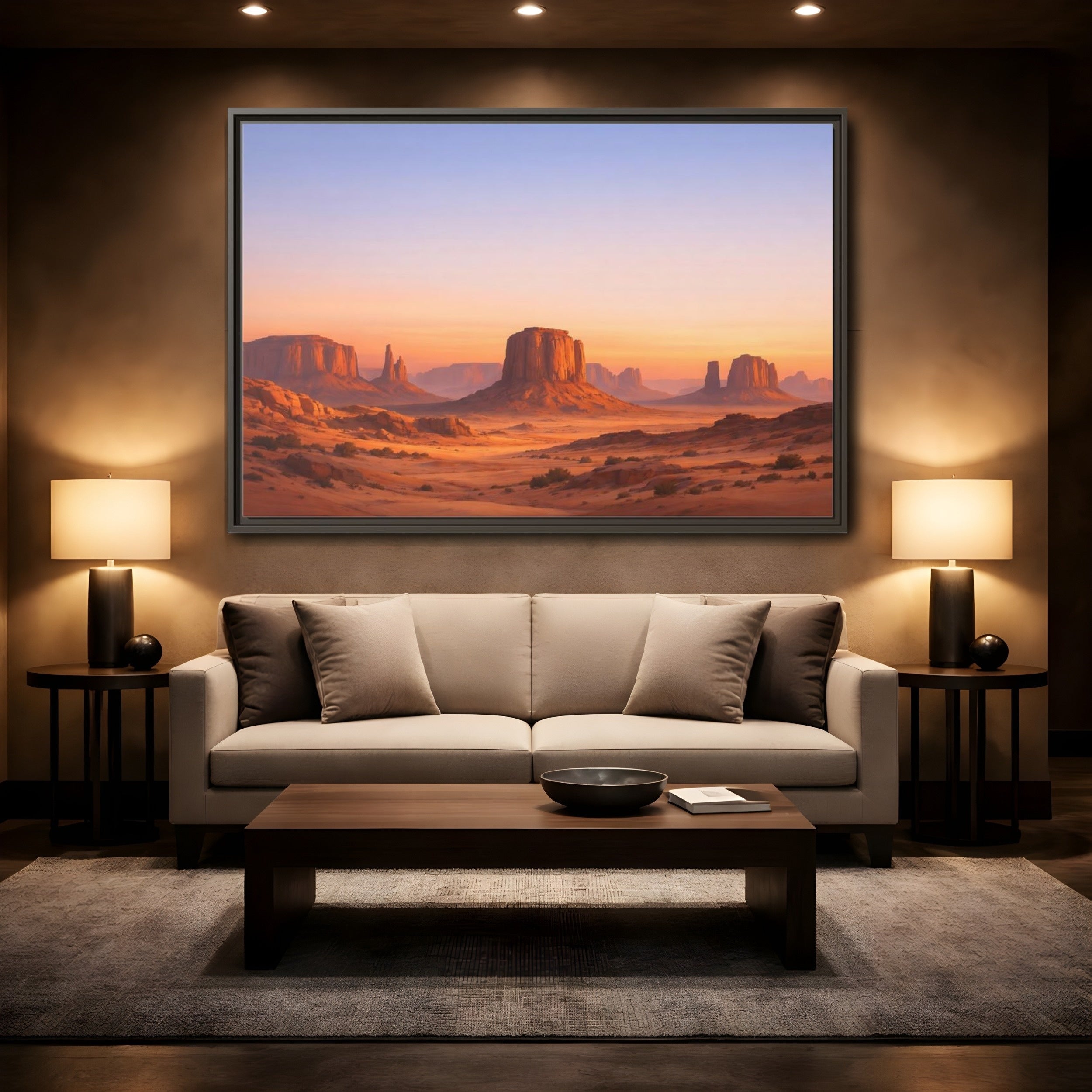 Mockup 2. Nature Desert Buttes Orange And Blue shown as stretched canvas wall art