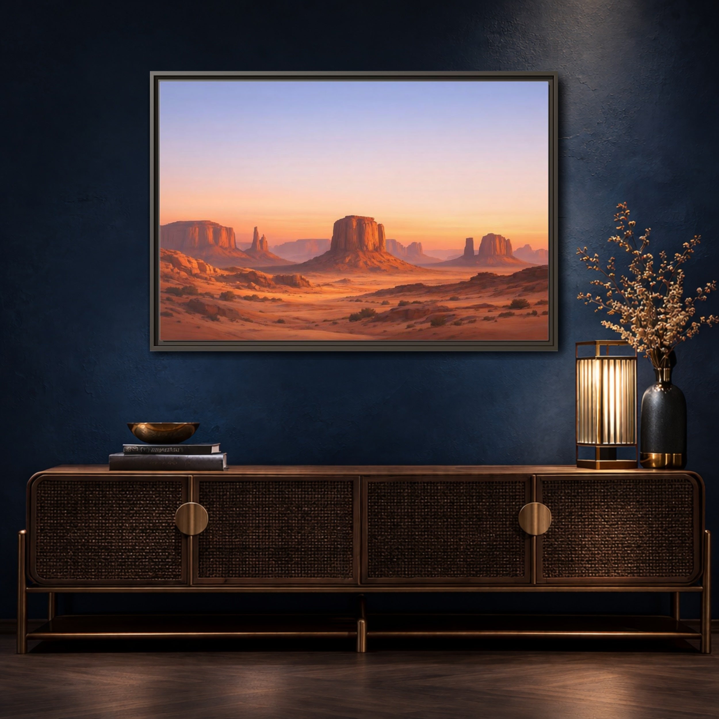 Mockup 4. Nature Desert Buttes Orange And Blue shown as stretched canvas wall art