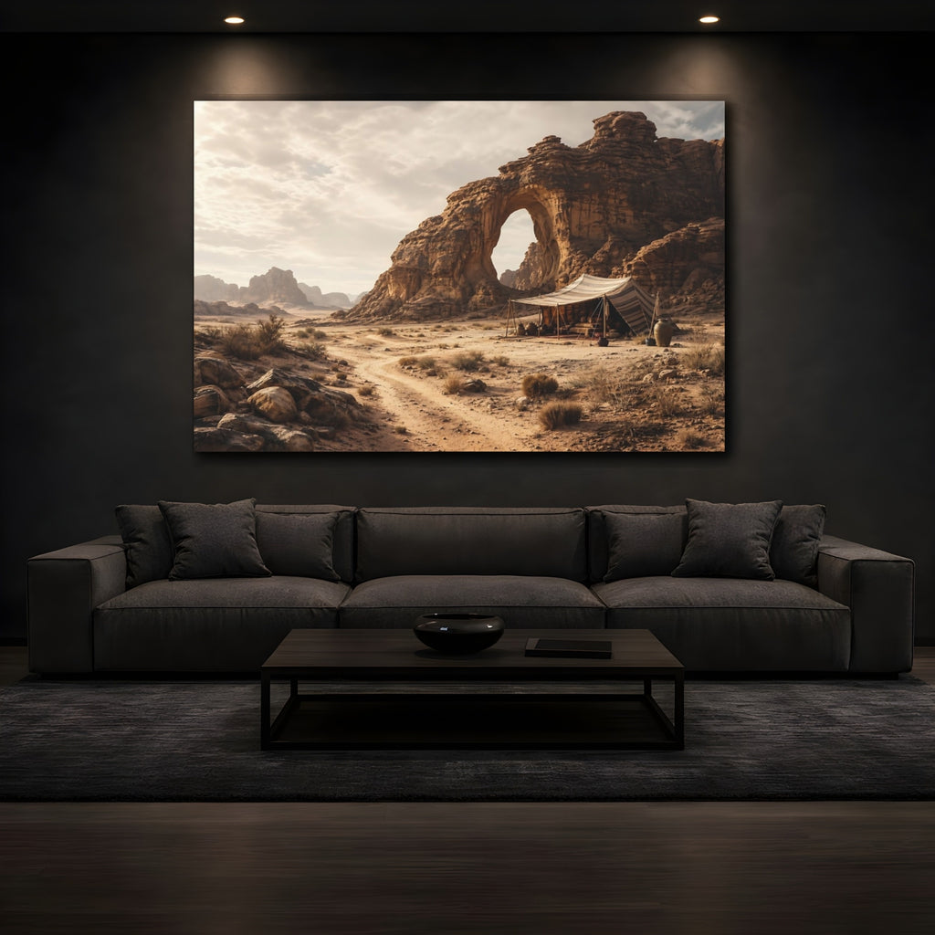 Mockup 3. Nature Desert Camp Brown Desert Landscape shown as stretched canvas wall art