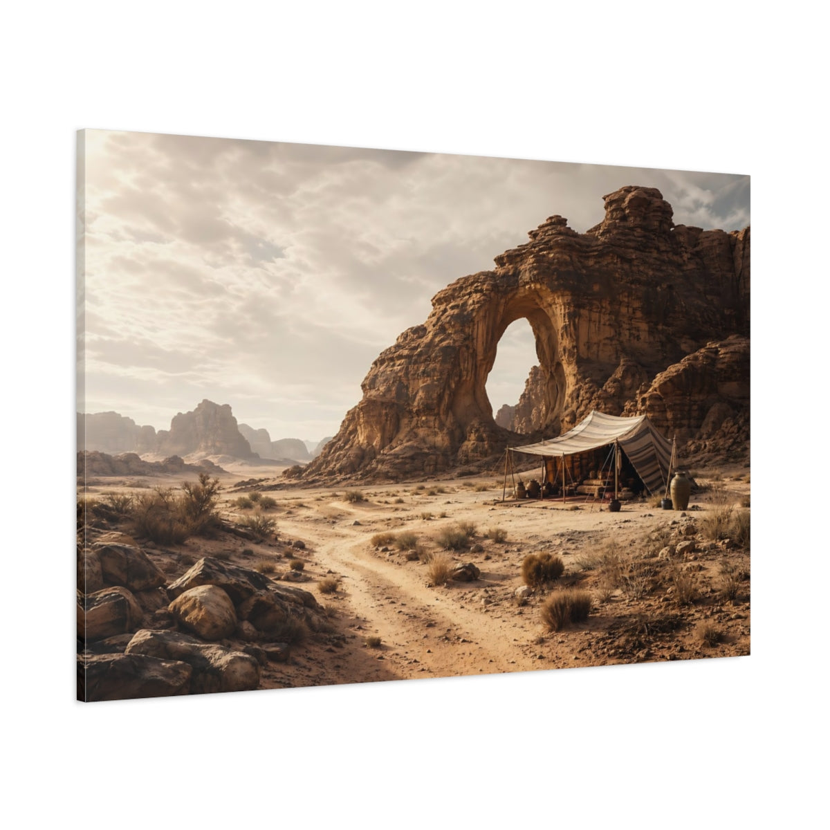 Side Mockup 1. Nature Desert Camp Brown Desert Landscape shown as stretched canvas wall art
