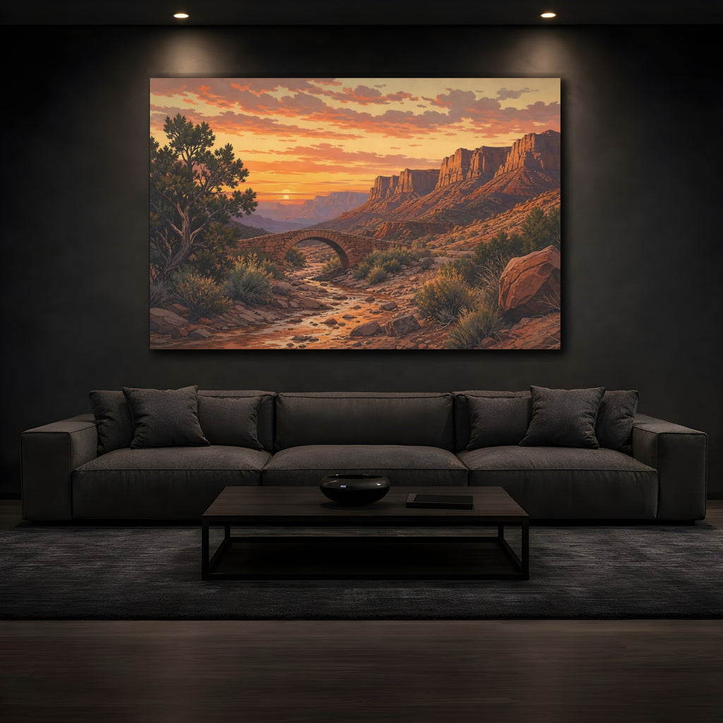 Mockup 3. Nature Desert Canyon Orange Desert Sunset shown as stretched canvas wall art