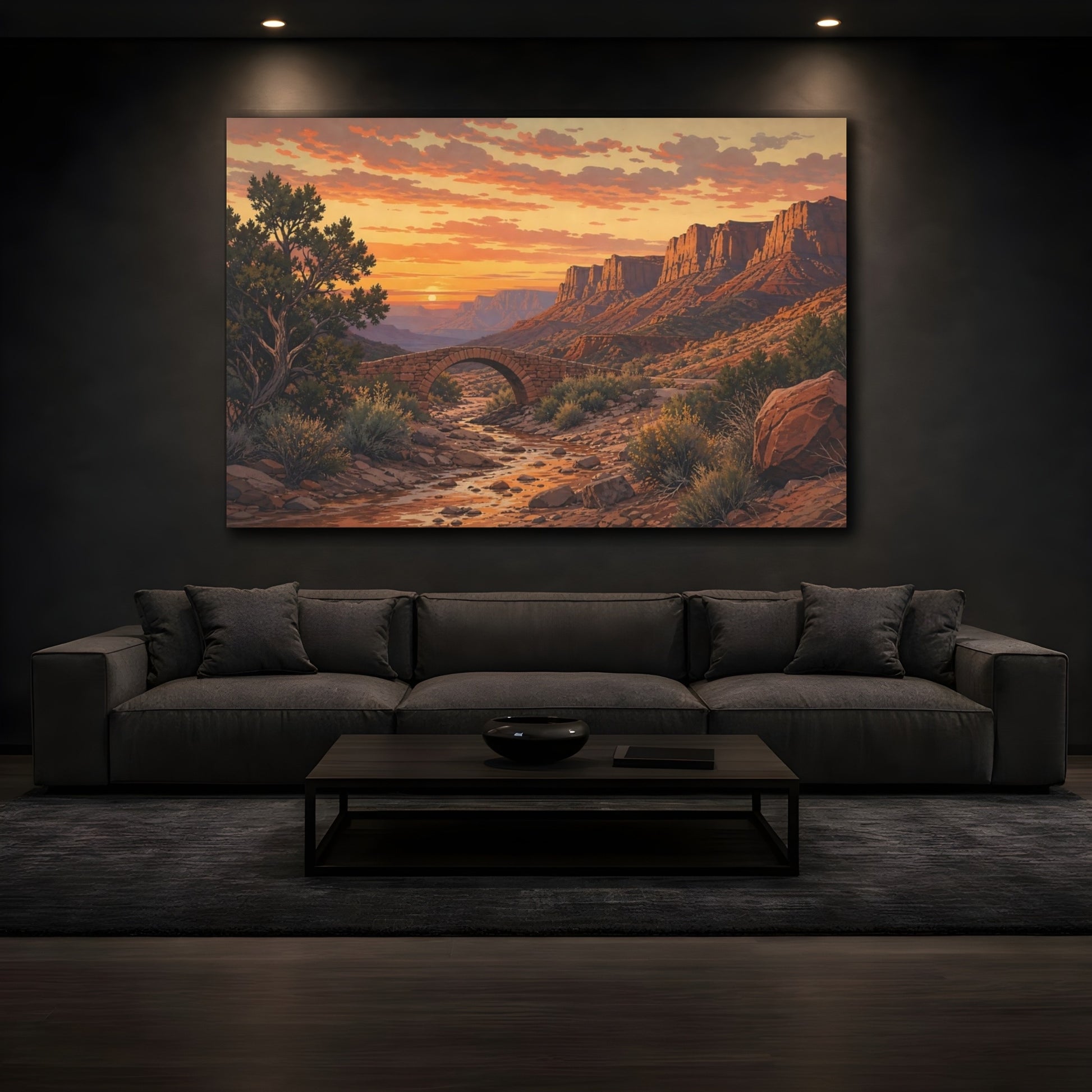 Mockup 3. Nature Desert Canyon Orange Desert Sunset shown as stretched canvas wall art