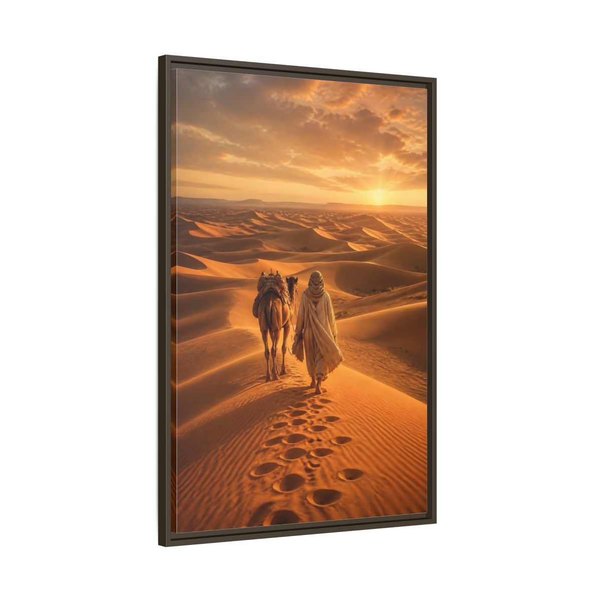 Nature Desert Caravan Sunset Framed Canvas Wall Art - Living Room, Above Couch, Orange shown as canvas wall art