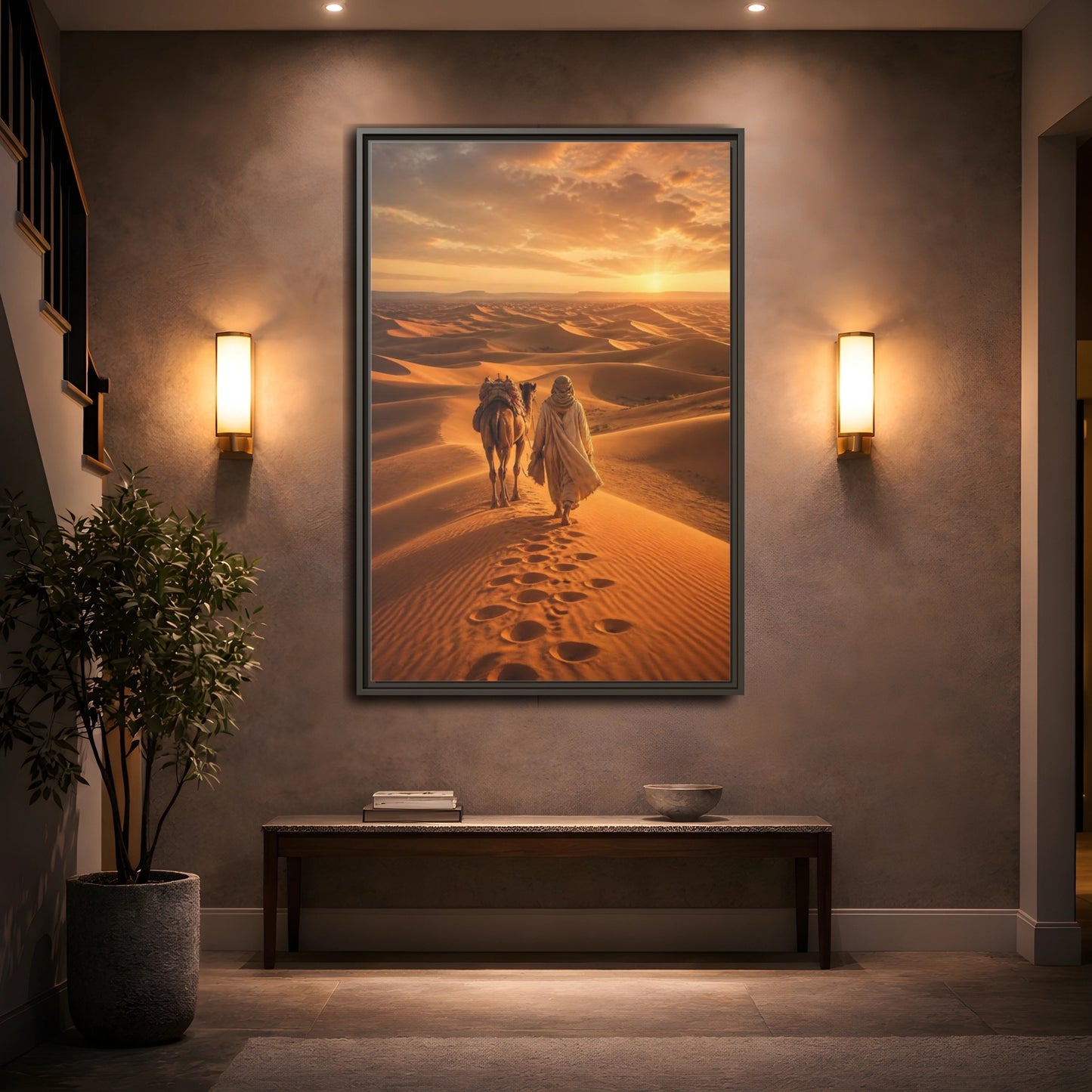 Nature Desert Caravan Sunset Framed Canvas Wall Art - Living Room, Above Couch, Orange shown as canvas wall art