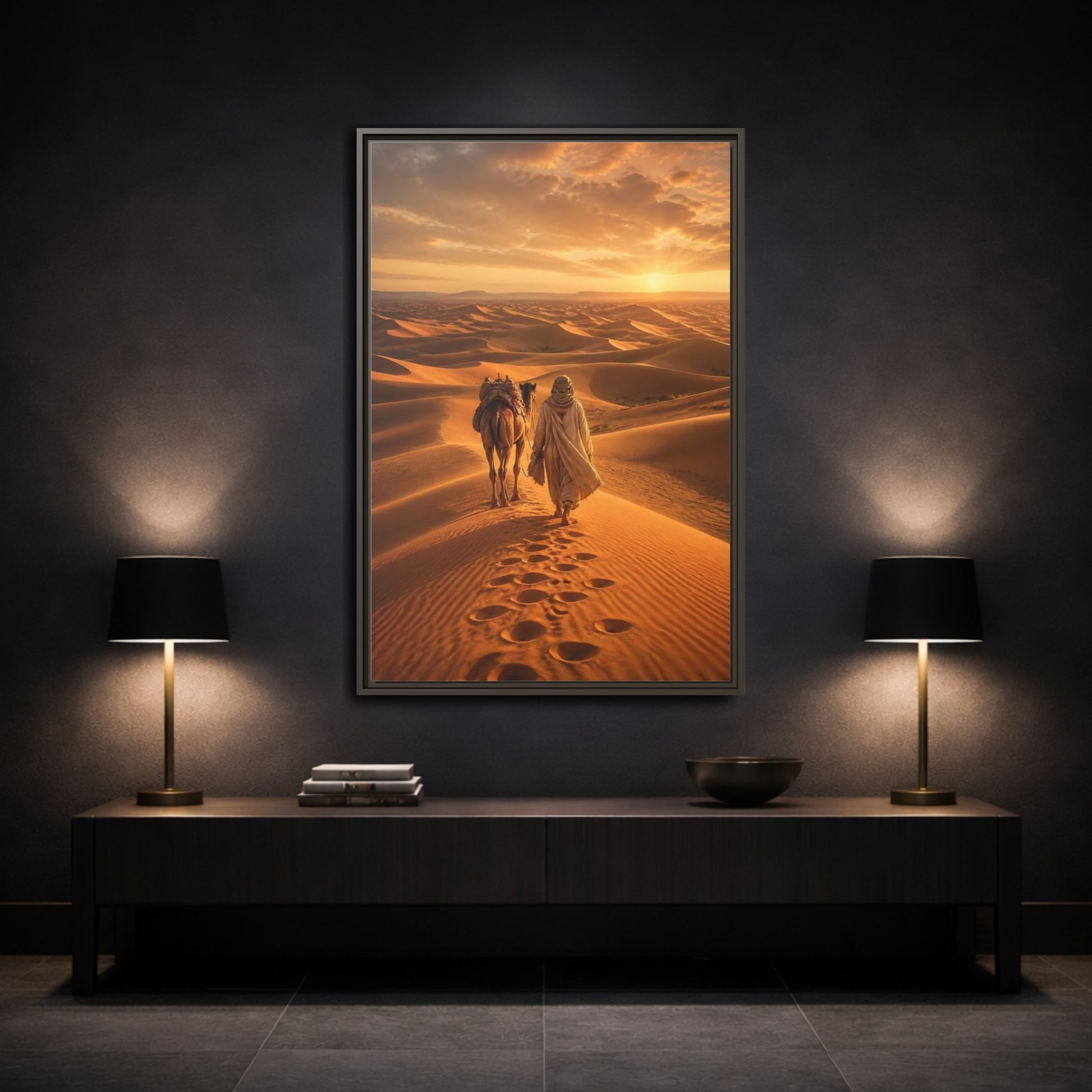 Nature Desert Caravan Sunset Framed Canvas Wall Art - Living Room, Above Couch, Orange shown as canvas wall art