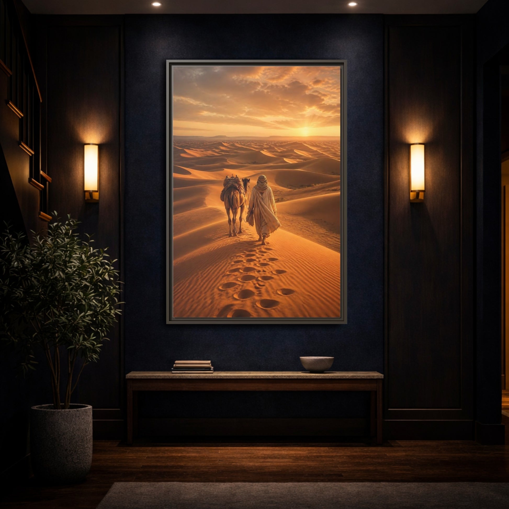 Nature Desert Caravan Sunset Framed Canvas Wall Art - Living Room, Above Couch, Orange shown as canvas wall art