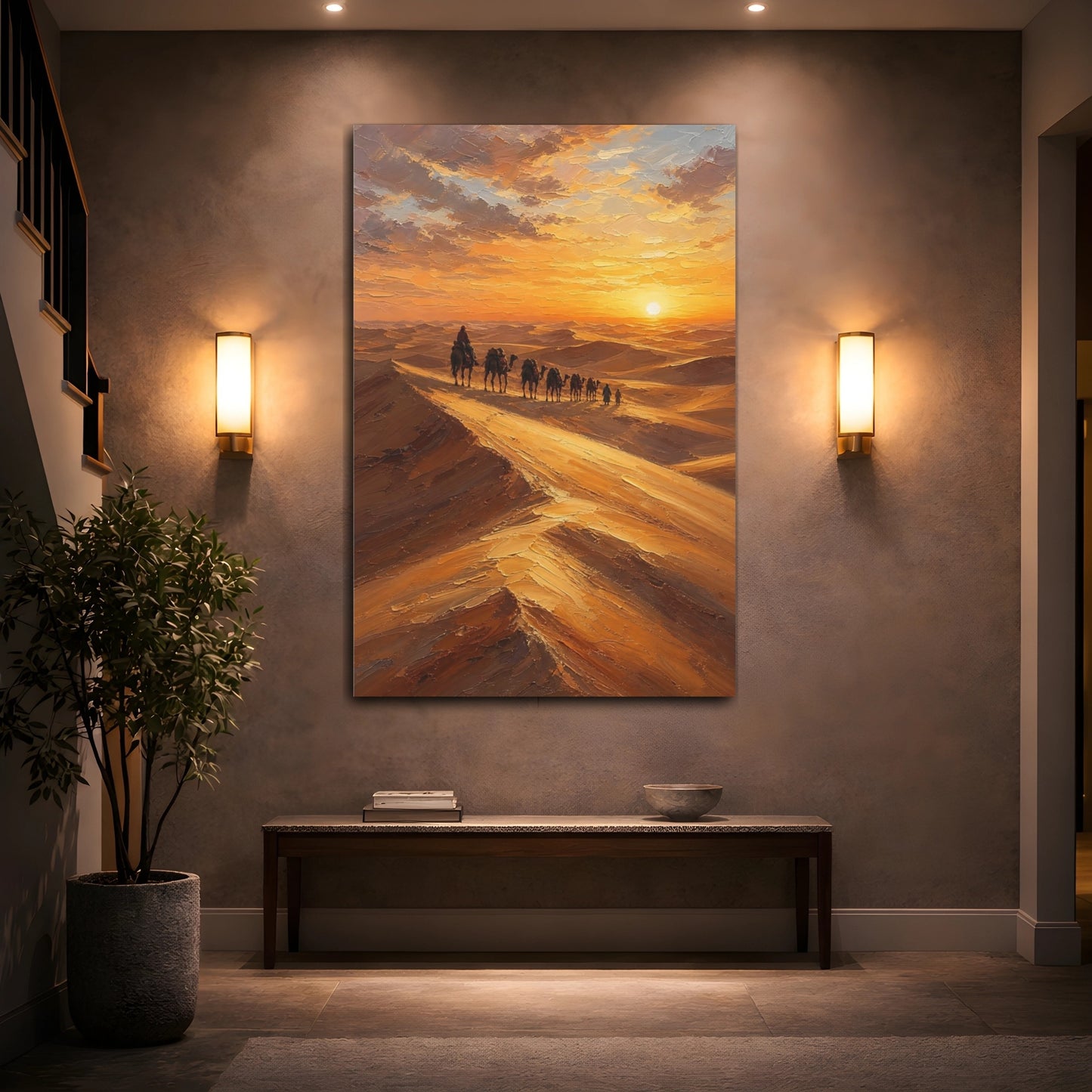 Mockup 2. Nature Desert Caravan Orange And Brown shown as stretched canvas wall art