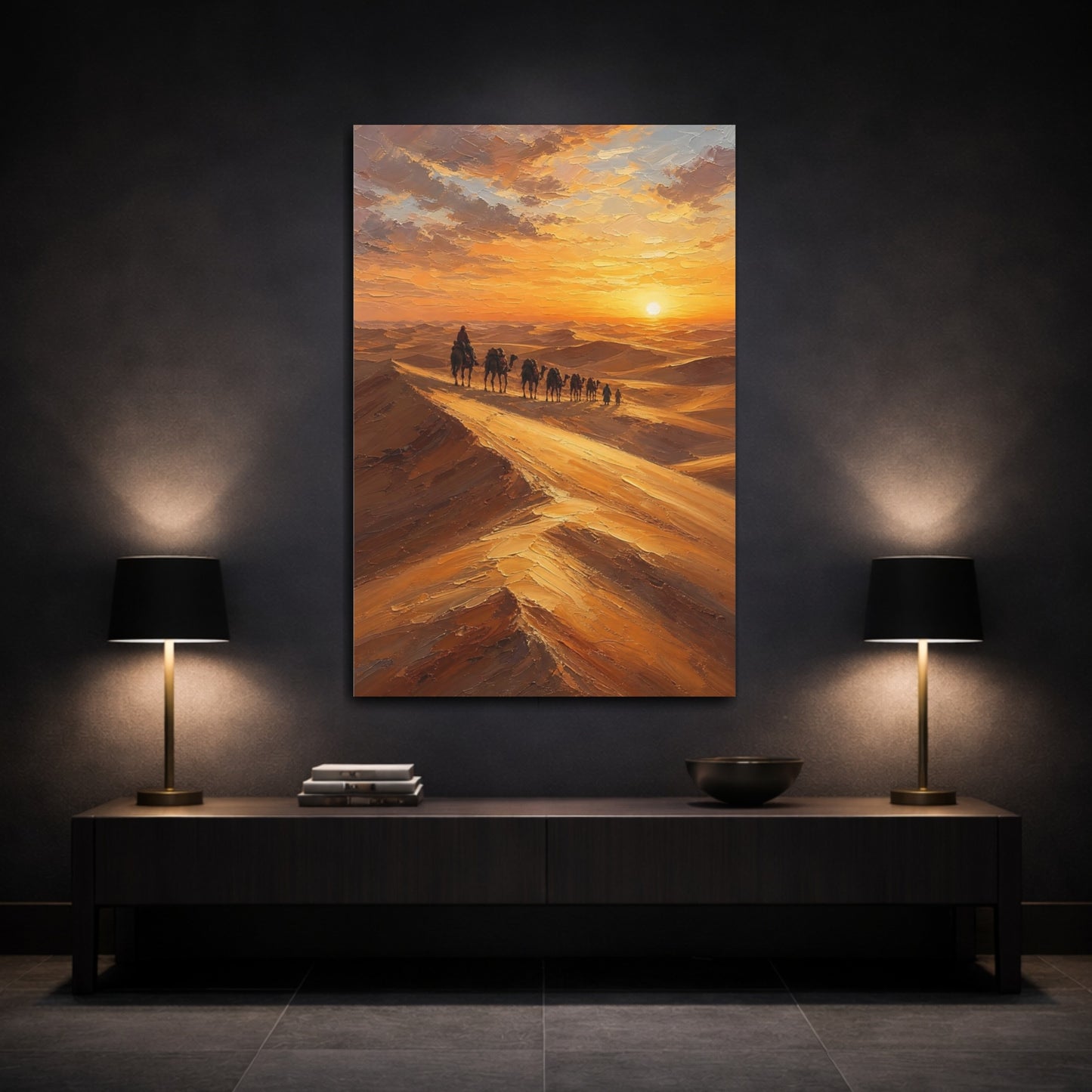 Mockup 3. Nature Desert Caravan Orange And Brown shown as stretched canvas wall art