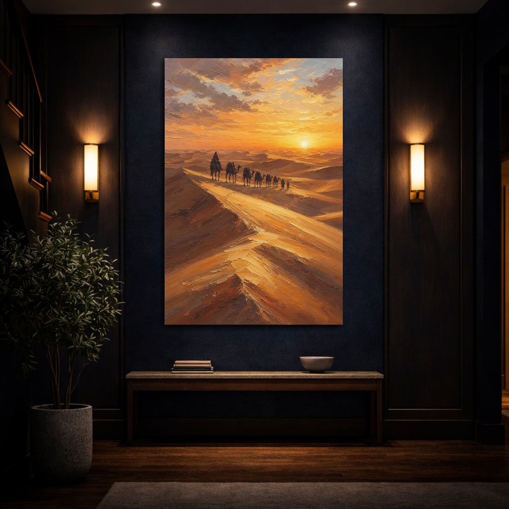 Mockup 4. Nature Desert Caravan Orange And Brown shown as stretched canvas wall art