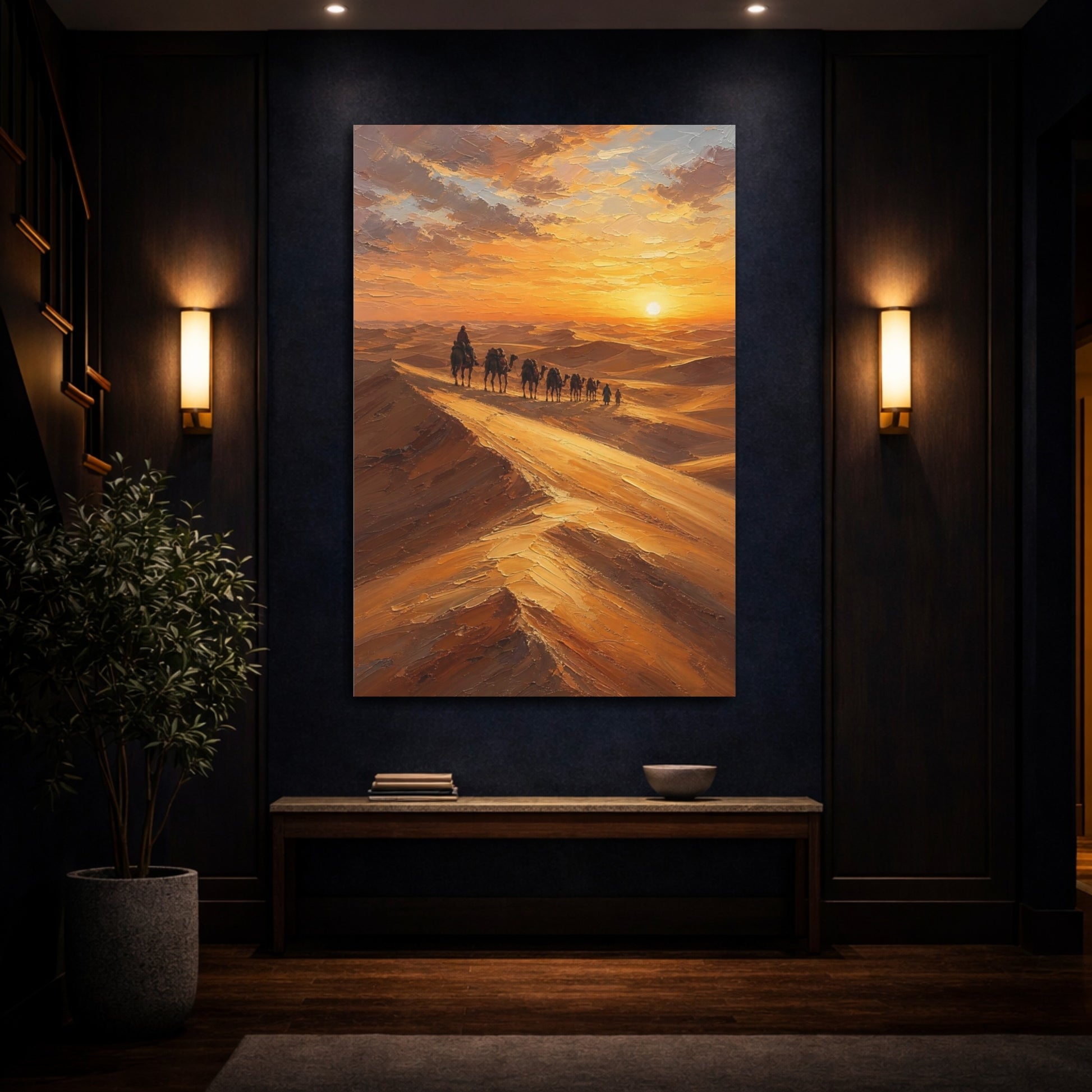 Mockup 4. Nature Desert Caravan Orange And Brown shown as stretched canvas wall art