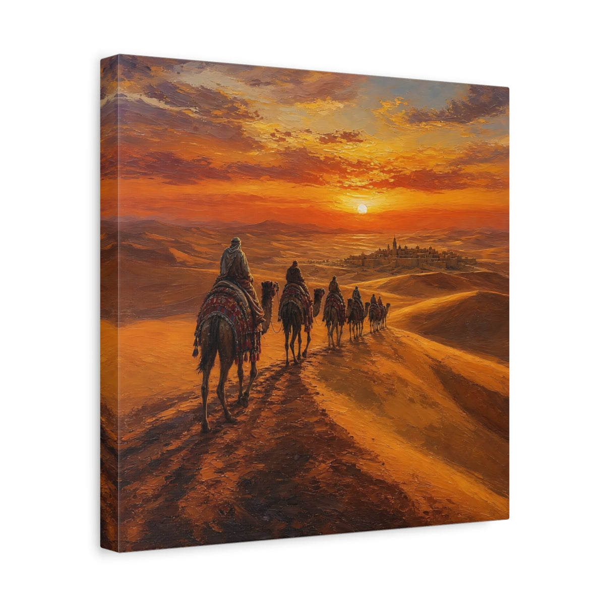 Side Mockup 7. Nature Desert Caravan Orange Desert shown as stretched canvas wall art