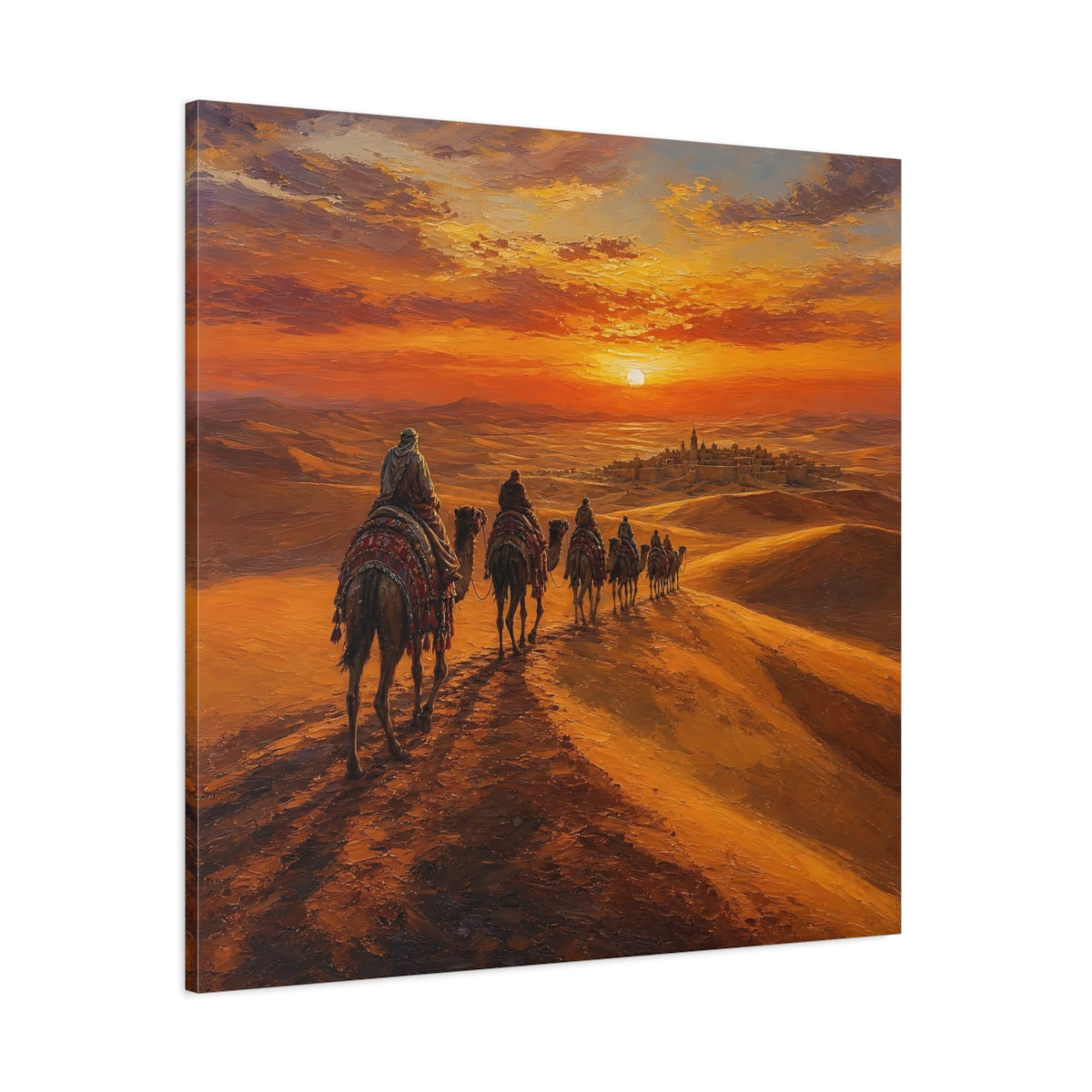 Side Mockup 1. Nature Desert Caravan Orange Desert shown as stretched canvas wall art