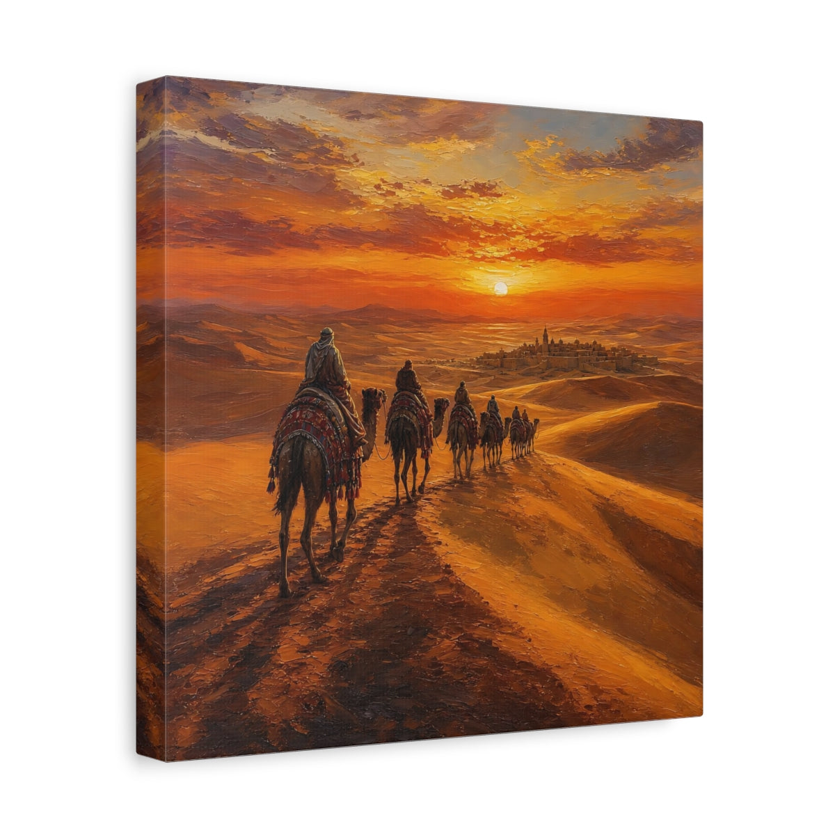 Side Mockup 8. Nature Desert Caravan Orange Desert shown as stretched canvas wall art