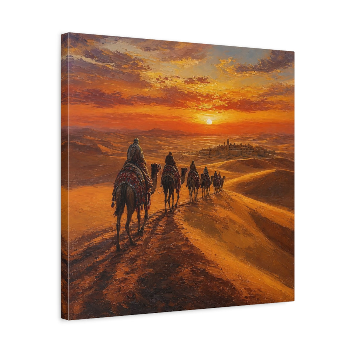 Side Mockup 5. Nature Desert Caravan Orange Desert shown as stretched canvas wall art