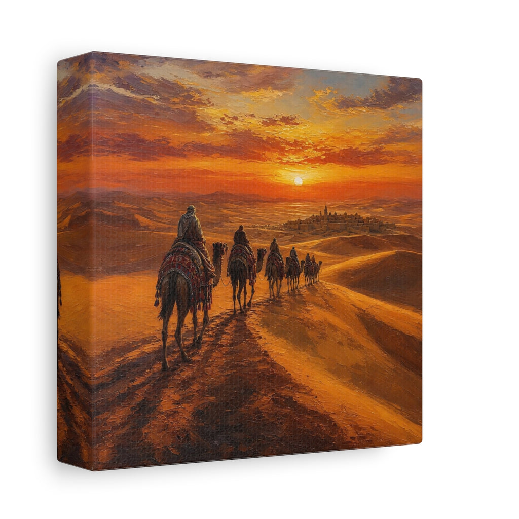Side Mockup 2. Nature Desert Caravan Orange Desert shown as stretched canvas wall art