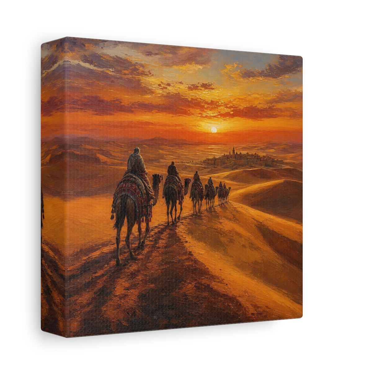 Side Mockup 2. Nature Desert Caravan Orange Desert shown as stretched canvas wall art