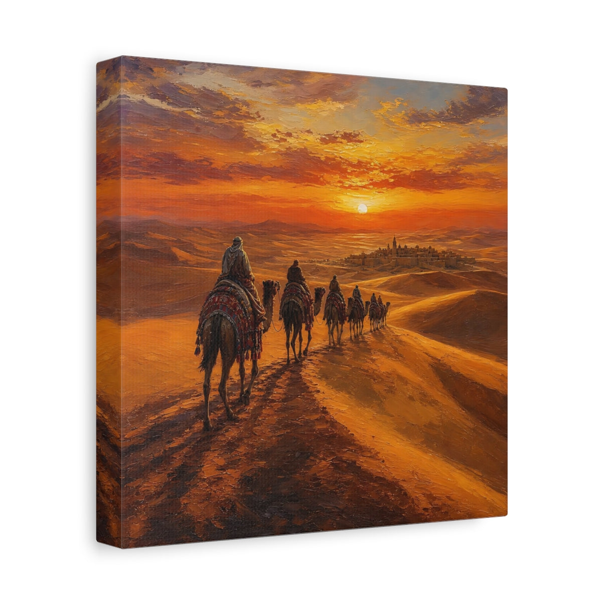 Side Mockup 9. Nature Desert Caravan Orange Desert shown as stretched canvas wall art
