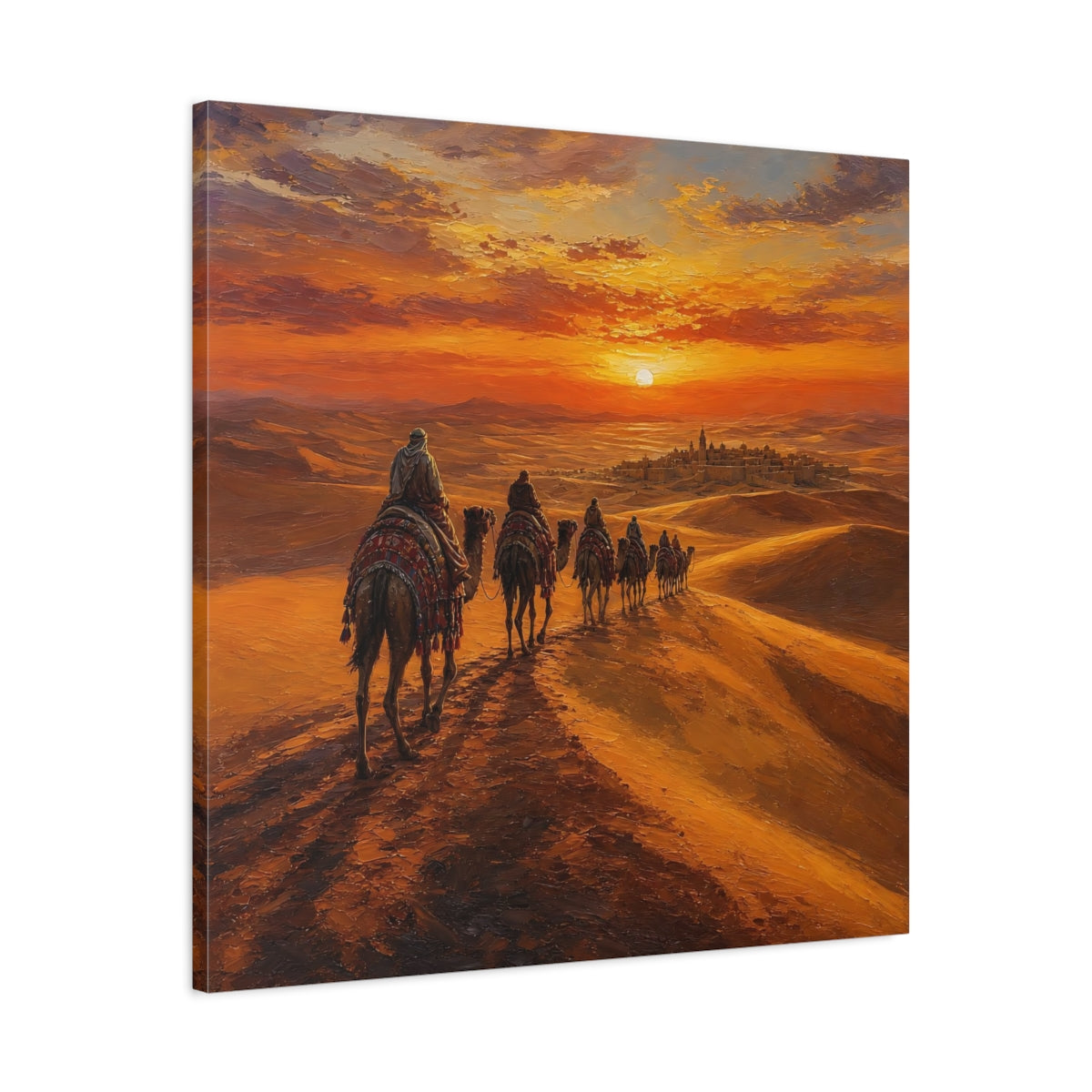 Side Mockup 3. Nature Desert Caravan Orange Desert shown as stretched canvas wall art