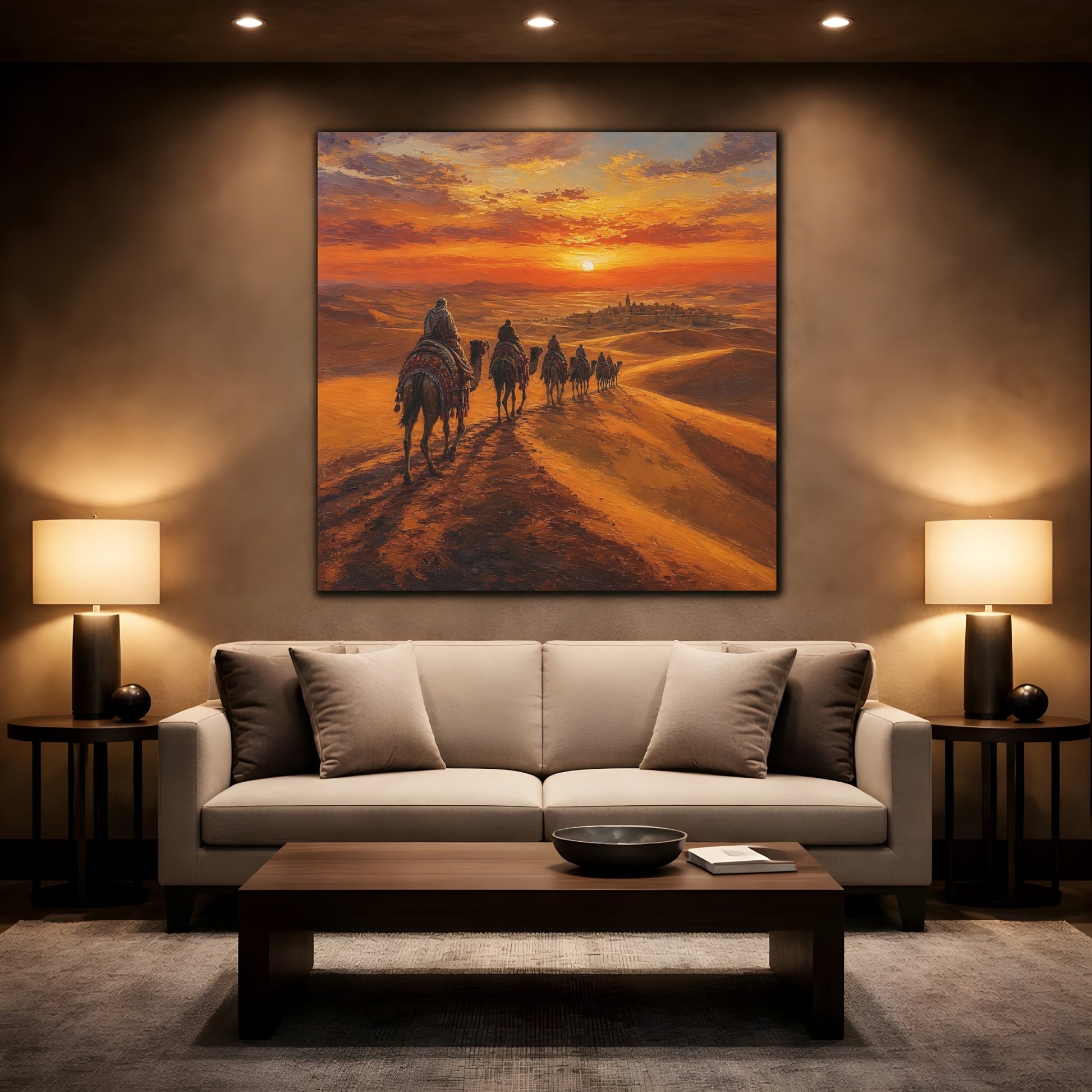 Mockup 2. Nature Desert Caravan Orange Desert shown as stretched canvas wall art