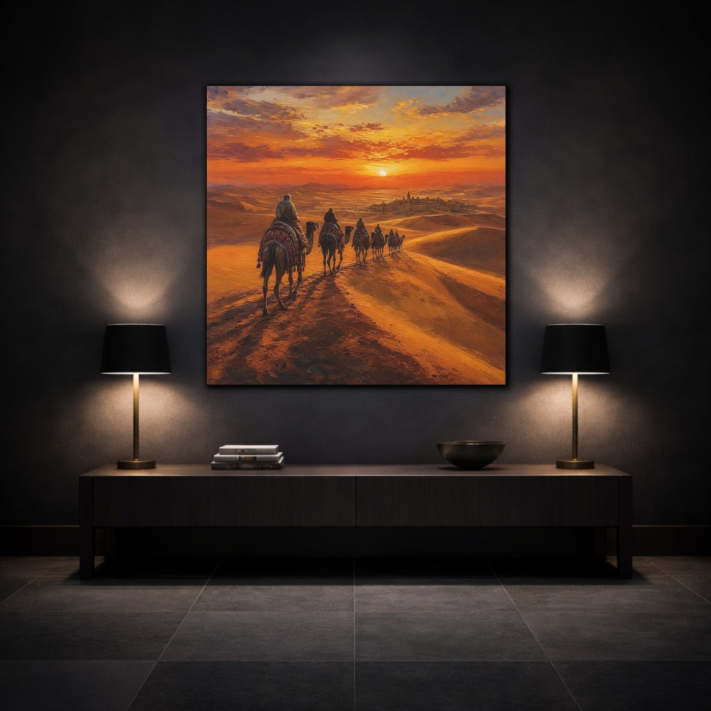 Mockup 3. Nature Desert Caravan Orange Desert shown as stretched canvas wall art