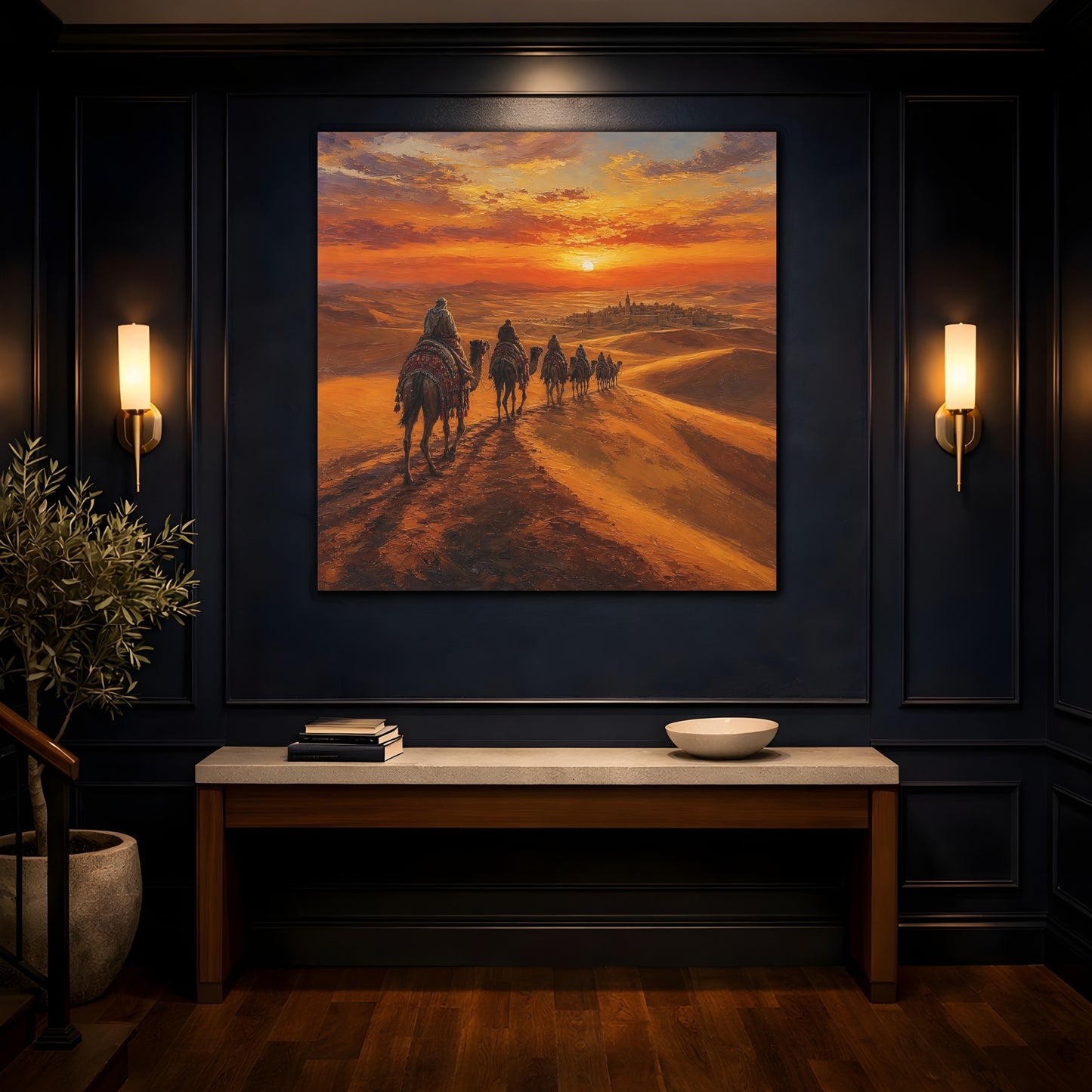 Mockup 4. Nature Desert Caravan Orange Desert shown as stretched canvas wall art
