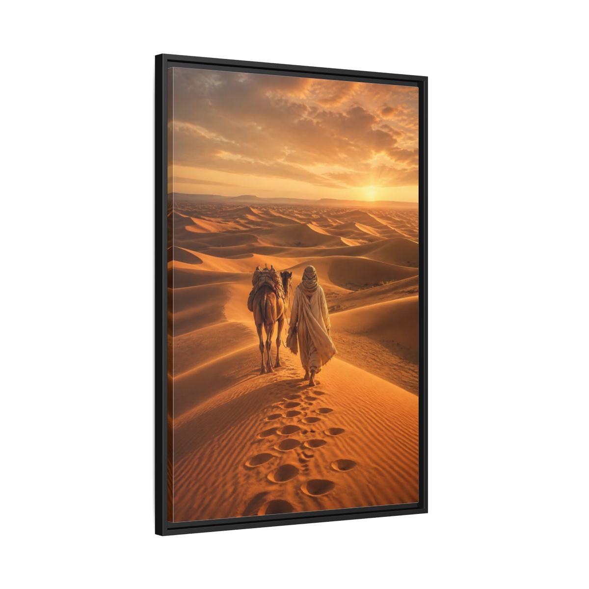 Nature Desert Caravan Sunset Framed Canvas Wall Art - Living Room, Above Couch, Orange shown as canvas wall art