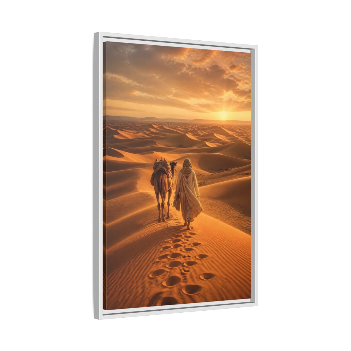 Nature Desert Caravan Sunset Framed Canvas Wall Art - Living Room, Above Couch, Orange shown as canvas wall art