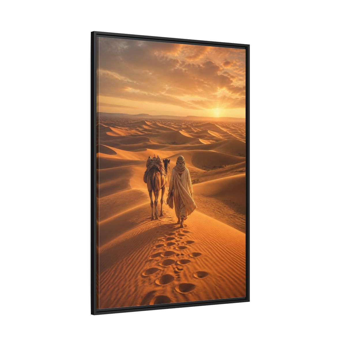 Nature Desert Caravan Sunset Framed Canvas Wall Art - Living Room, Above Couch, Orange shown as canvas wall art