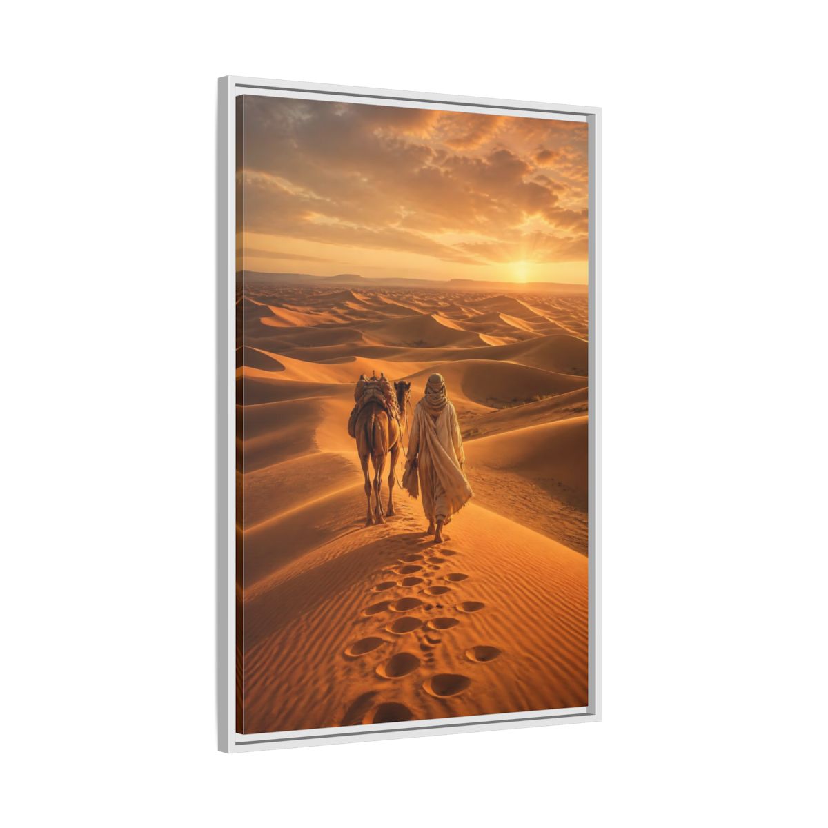 Nature Desert Caravan Sunset Framed Canvas Wall Art - Living Room, Above Couch, Orange shown as canvas wall art